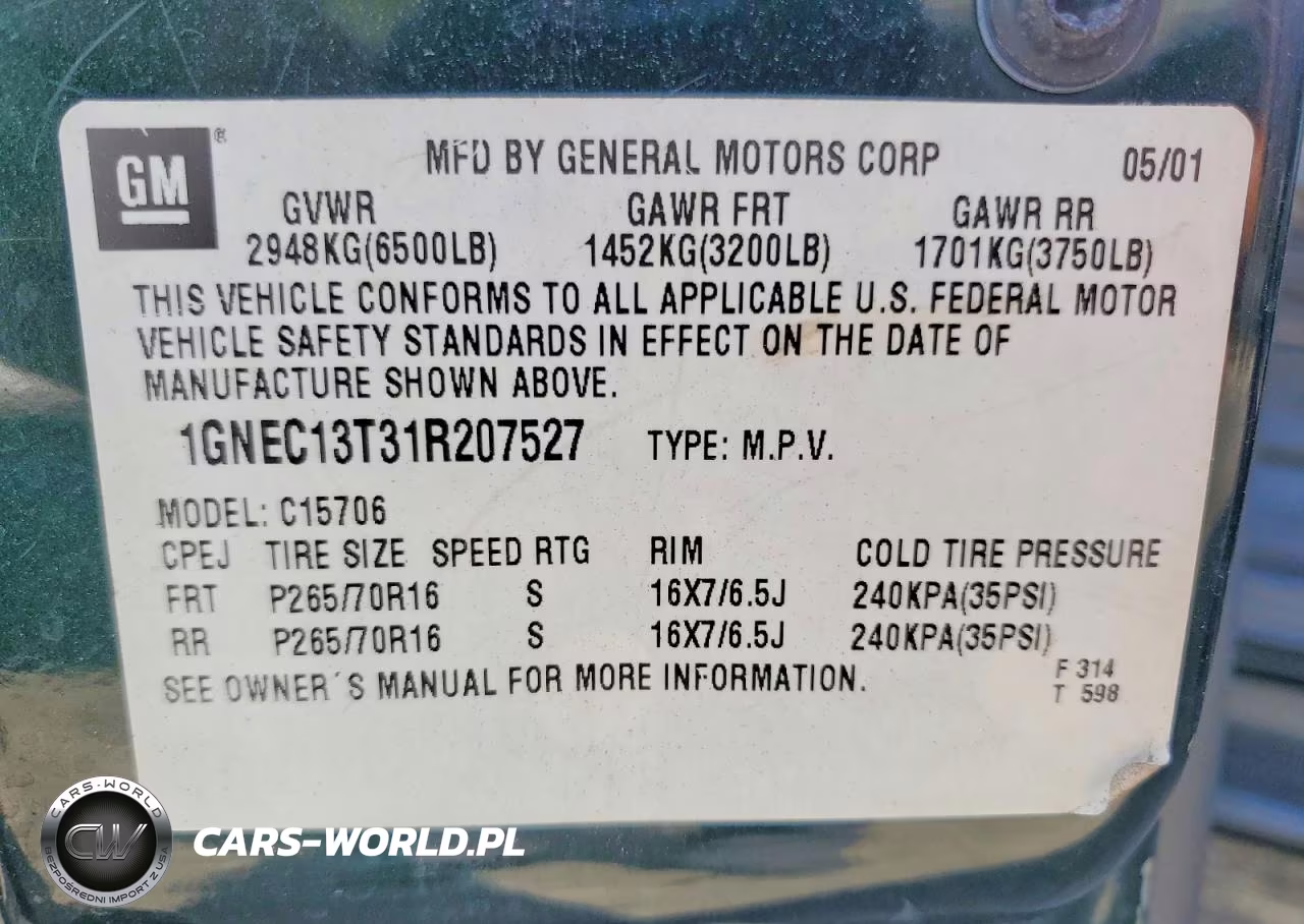 2001 Chevrolet Tahoe C1500 VIN:1GNEC13T31R207527 - 13