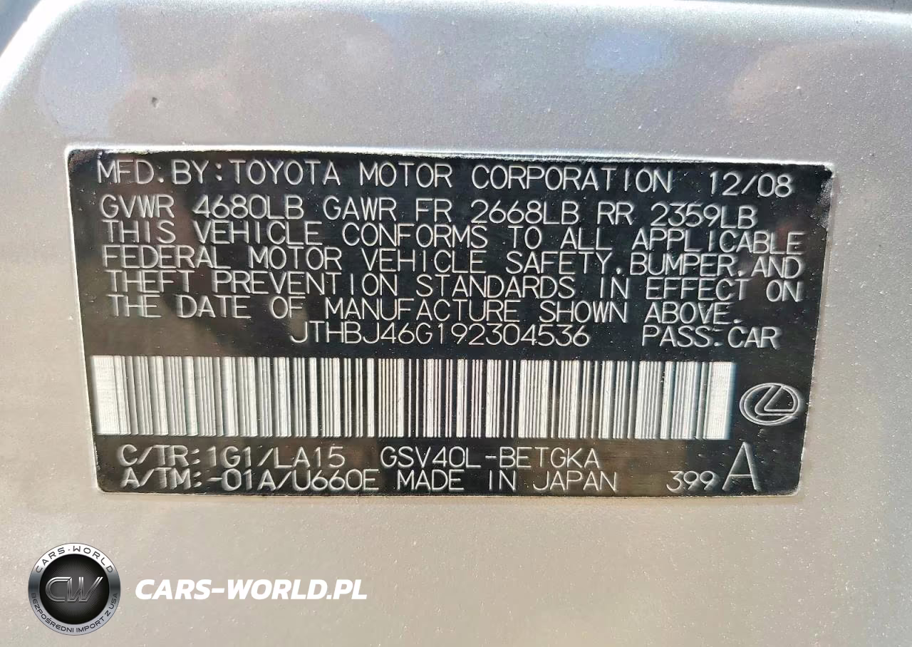 2009 Lexus Es 350 VIN:JTHBJ46G192304536 - 12
