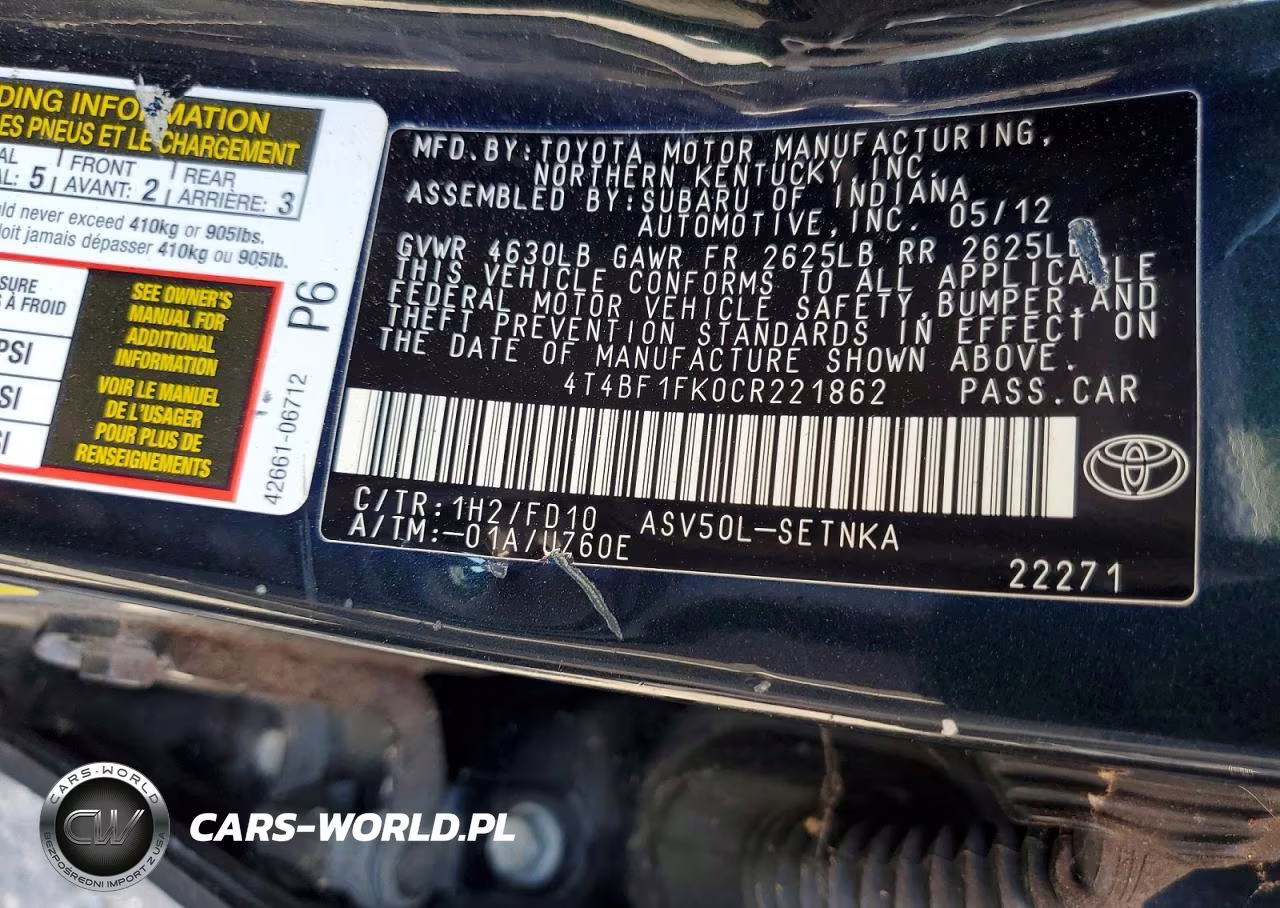 2012 Toyota Camry Le VIN:4T4BF1FK0CR221862 - 12