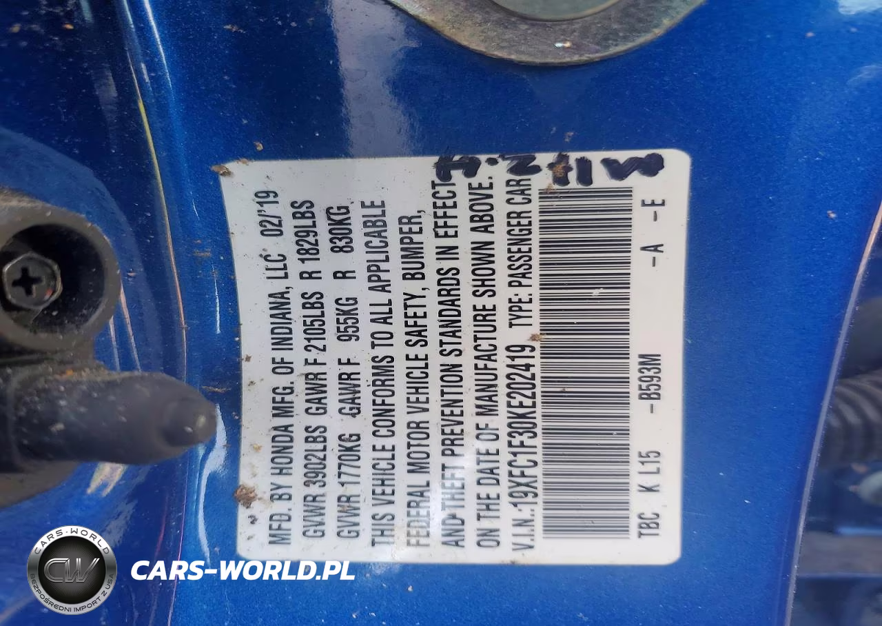 2019 Honda Civic Ex VIN:19XFC1F30KE202419 - 12