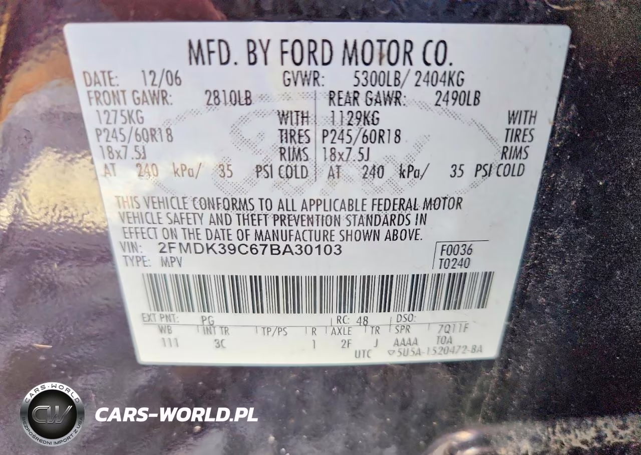 2007 Ford Edge Sel Plus VIN:2FMDK39C67BA30103 - 14