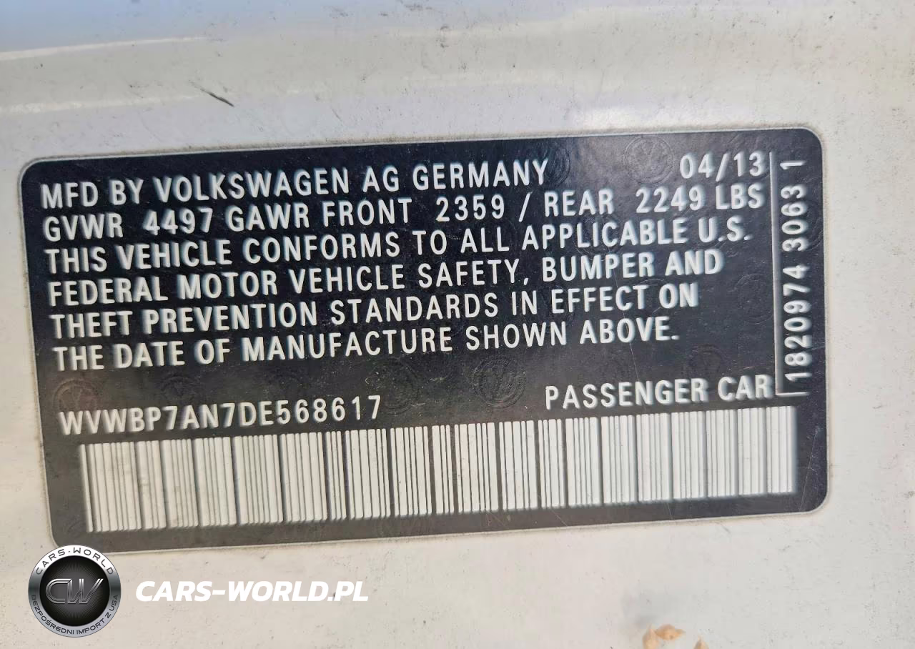 2013 Volkswagen Cc Sport VIN:WVWBP7AN7DE568617 - 12