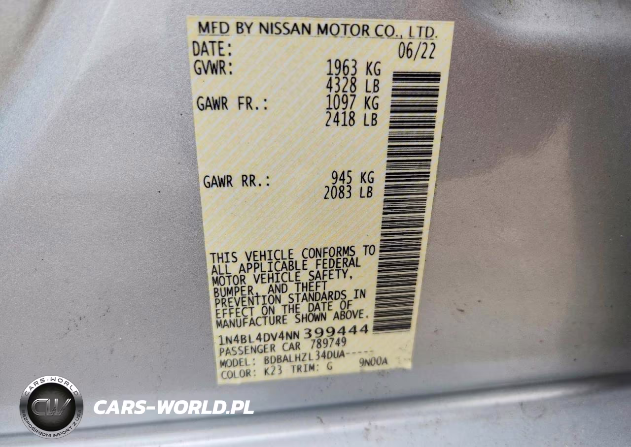 2022 Nissan Altima Sv VIN:1N4BL4DV4NN399444 - 12