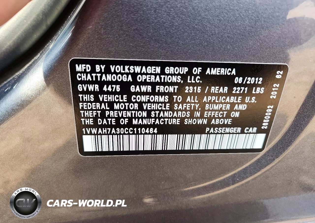2012 Volkswagen Passat S VIN:1VWAH7A30CC110464 - 13
