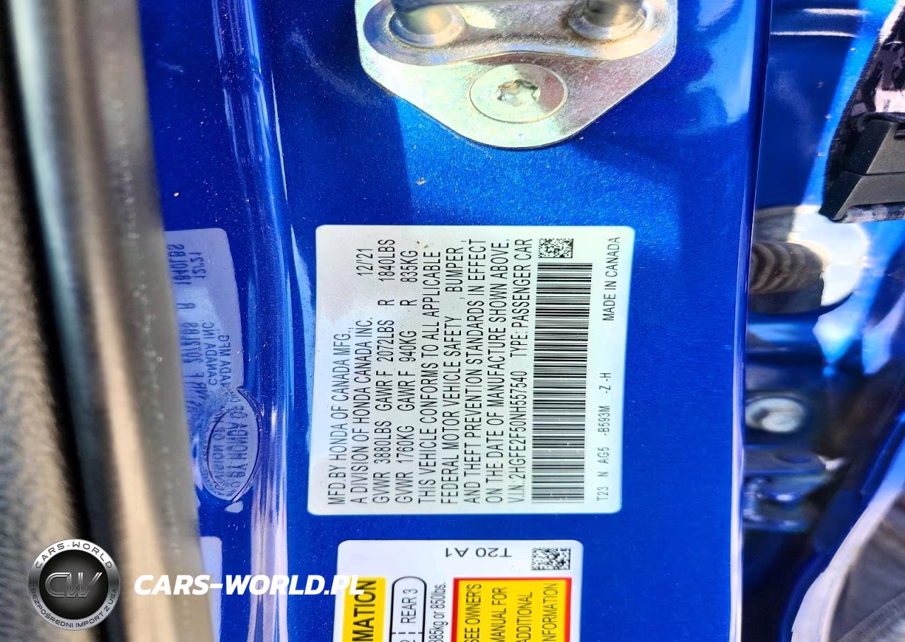 2022 Honda Civic Sport VIN:2HGFE2F50NH557540 - 12