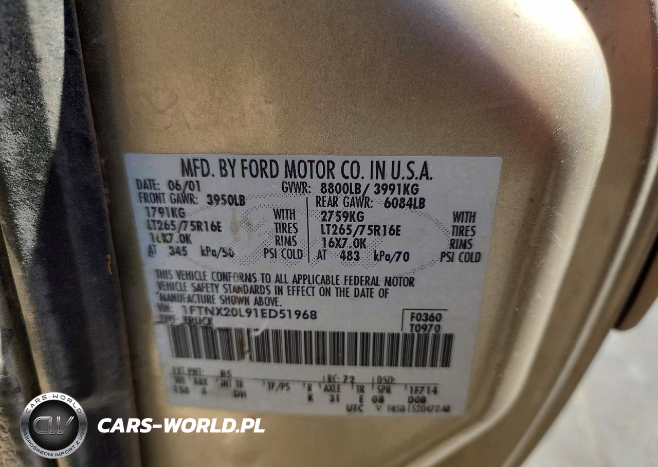 2001 Ford F250 Super Duty VIN:1FTNX20L91ED51968 - 12