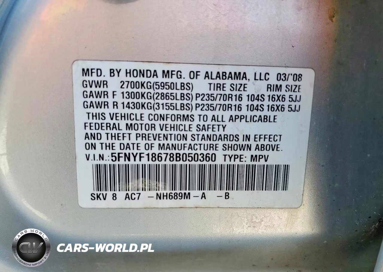 2008 Honda Pilot VIN:5FNYF18678B050360 - 14