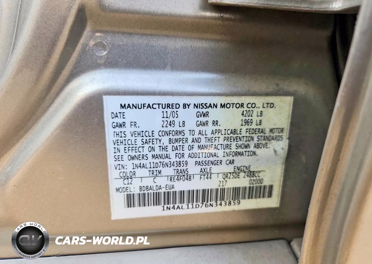 2006 Nissan Altima 2.5 VIN:1N4AL11D76N343859 - 12