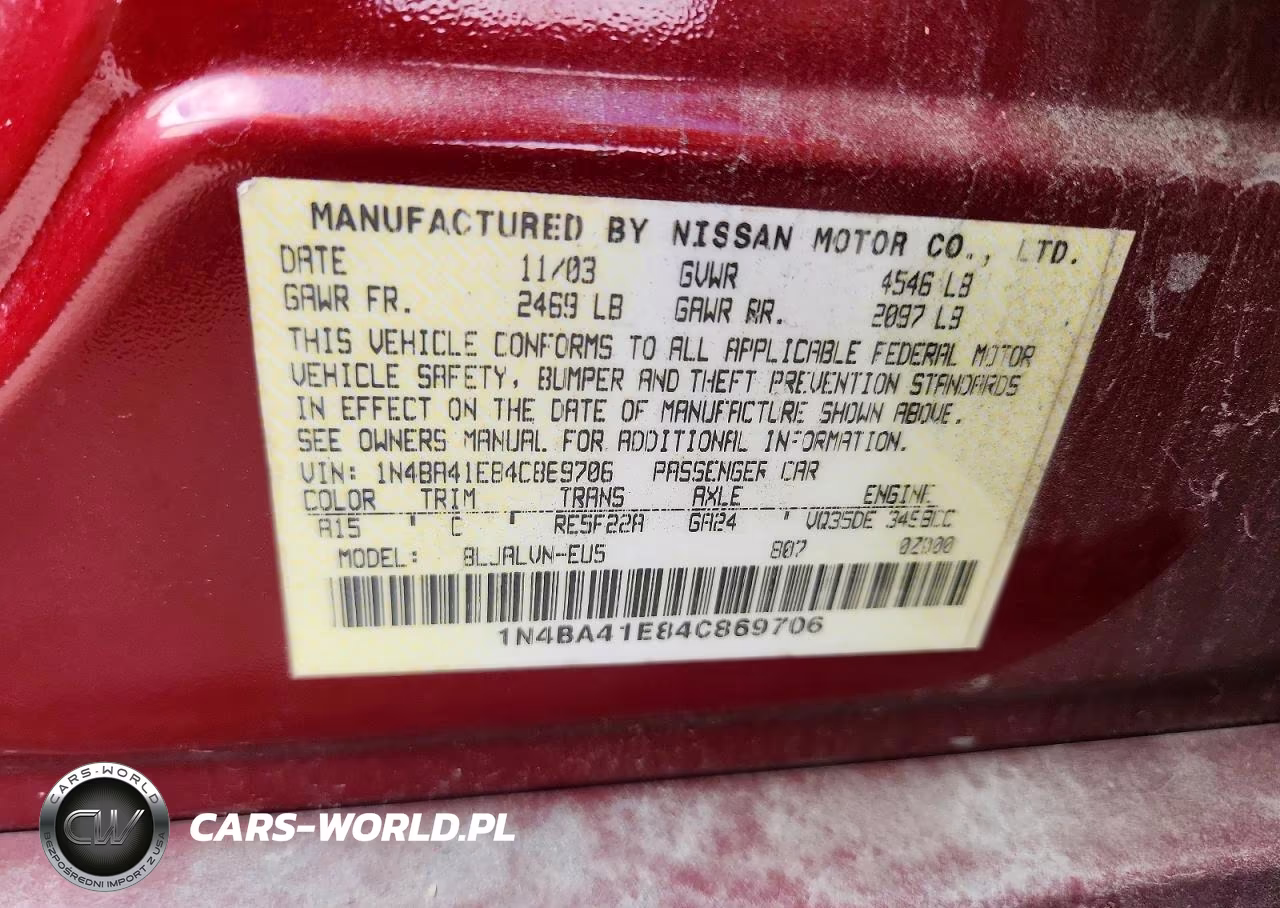 2004 Nissan Maxima Se-Sl VIN:1N4BA41E84C869706 - 13