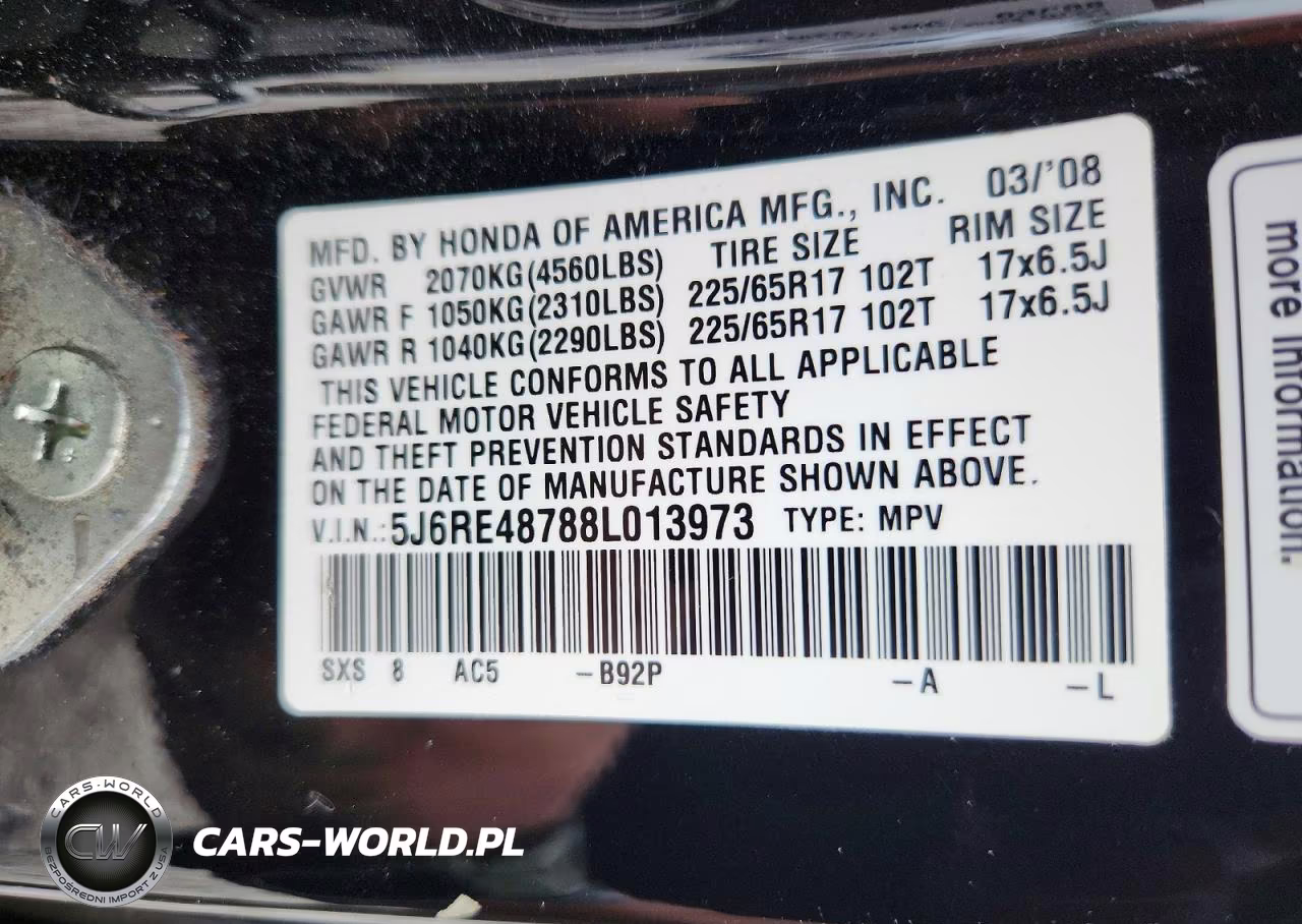 2008 Honda Cr-V Exl VIN:5J6RE48788L013973 - 14