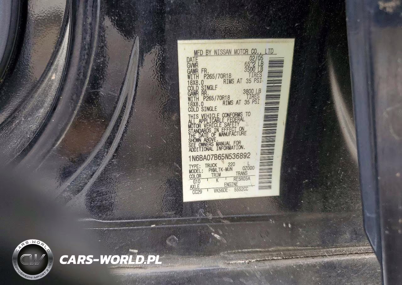2005 Nissan Titan Xe VIN:1N6BA07B65N536892 - 12