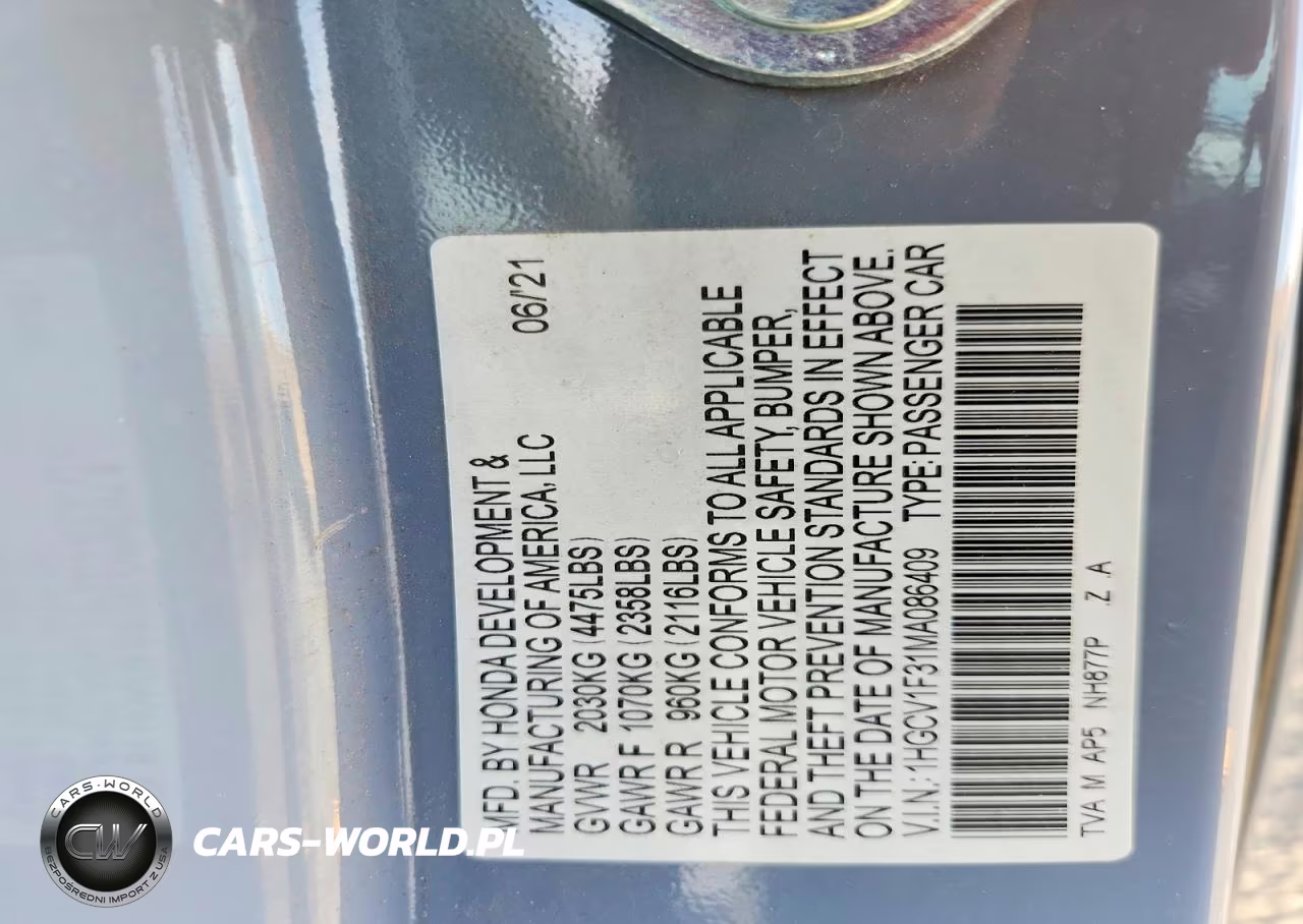 2021 Honda Accord Sport VIN:1HGCV1F31MA086409 - 12