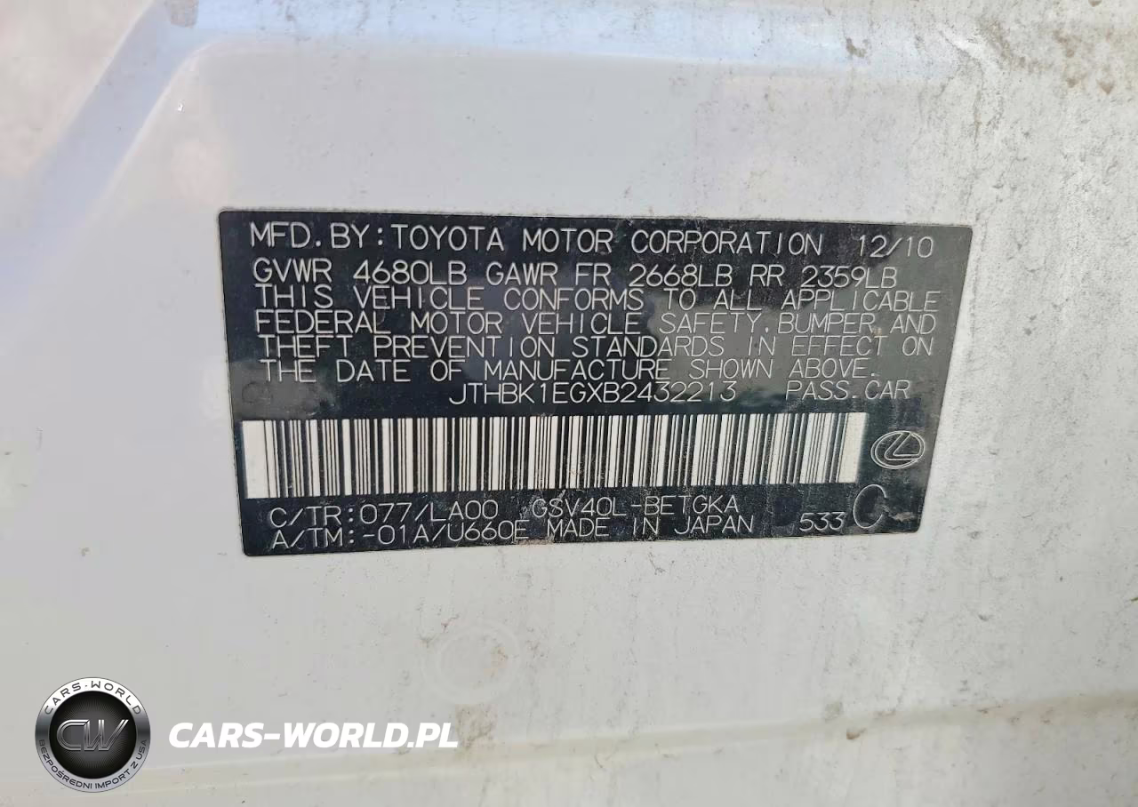 2011 Lexus Es 350 VIN:JTHBK1EGXB2432213 - 12