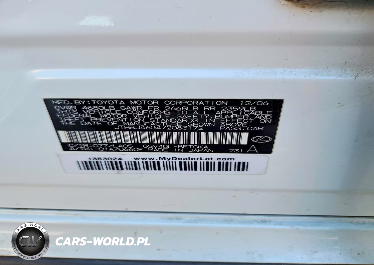 2007 Lexus Es 350 VIN:JTHBJ46G472083172 - 12