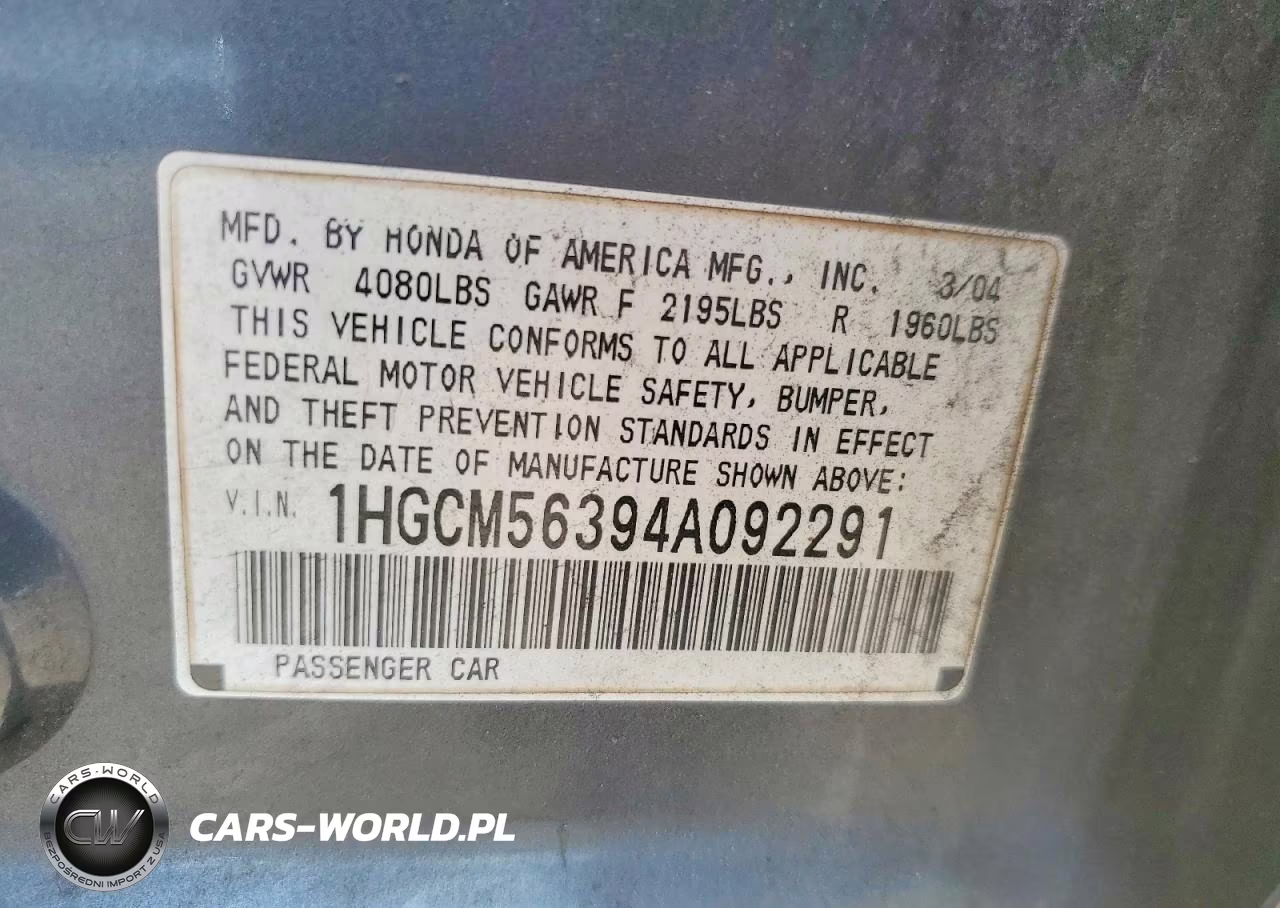 2004 Honda Accord Lx VIN:1HGCM56394A092291 - 12