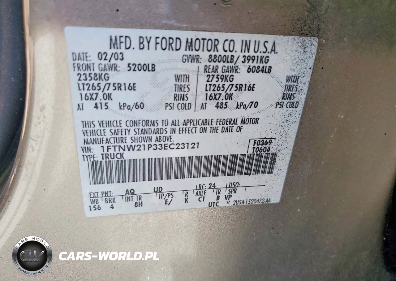 2003 Ford 250 Super Dut VIN:1FTNW21P33EC23121 - 12