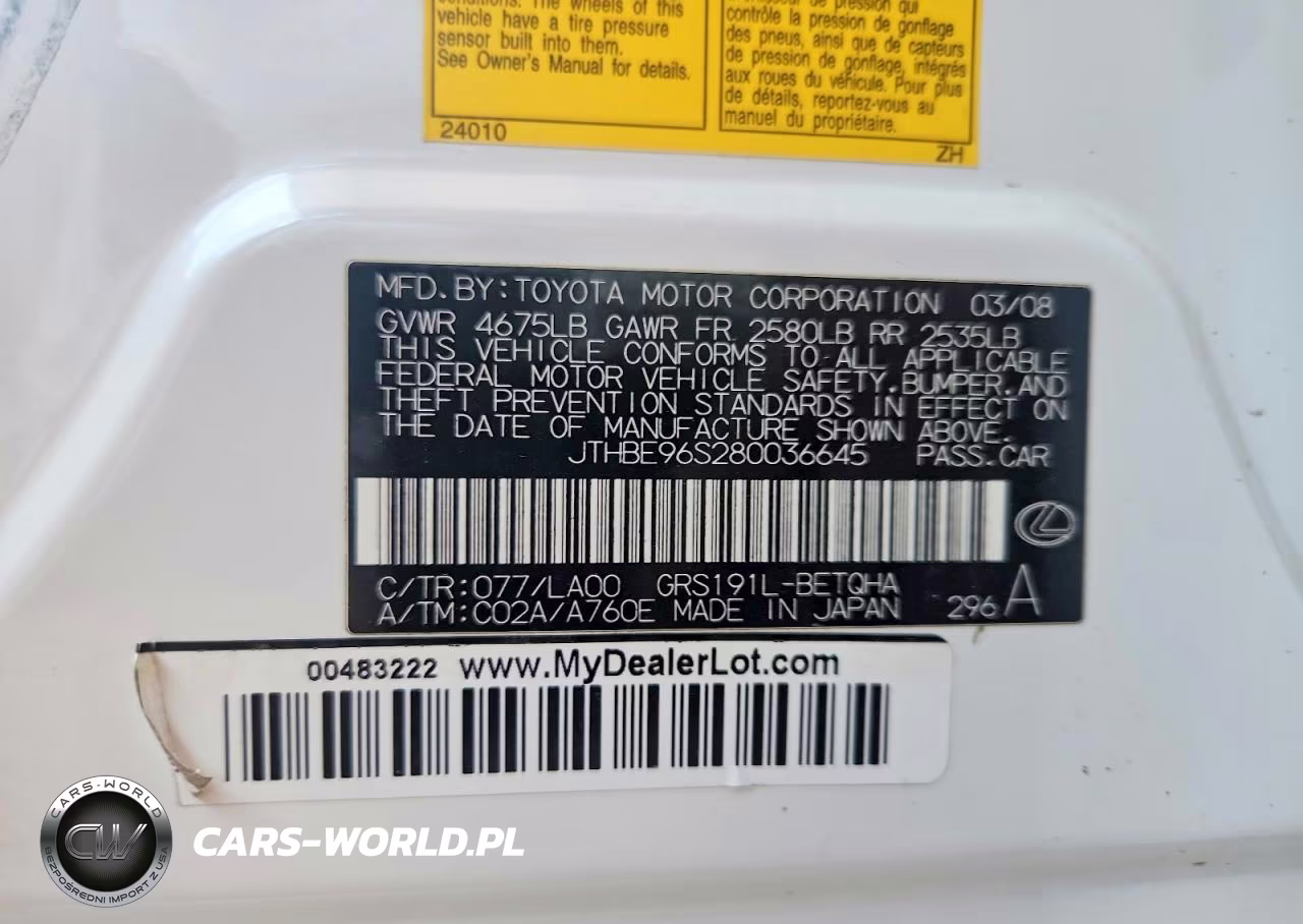 2008 Lexus Gs 350 VIN:JTHBE96S280036645 - 12