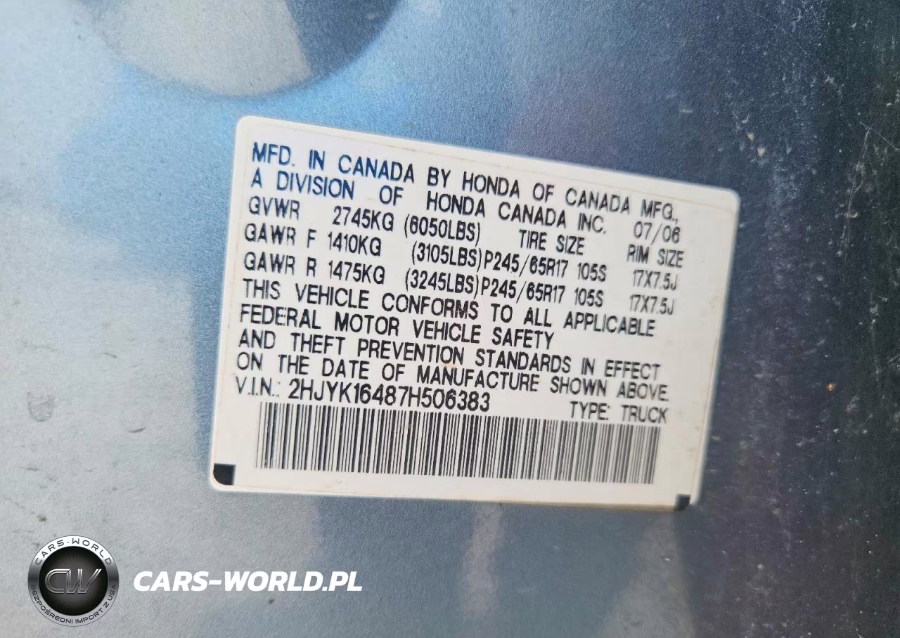 2007 Honda Ridgeline Rts VIN:2HJYK16487H506383 - 12