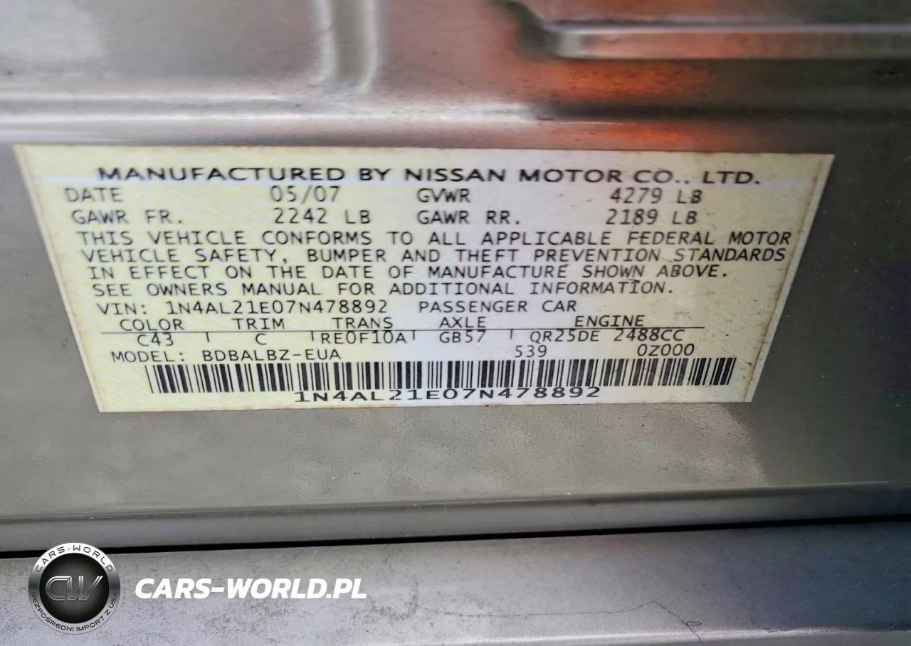 2007 Nissan Altima 2.5 VIN:1N4AL21E07N478892 - 12