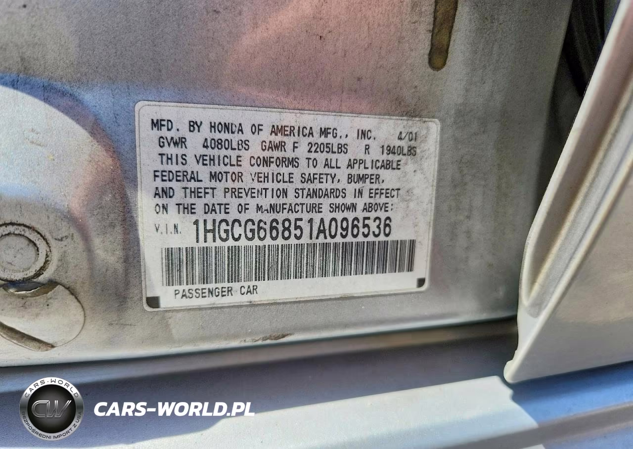 2001 Honda Accord Ex VIN:1HGCG66851A096536 - 12