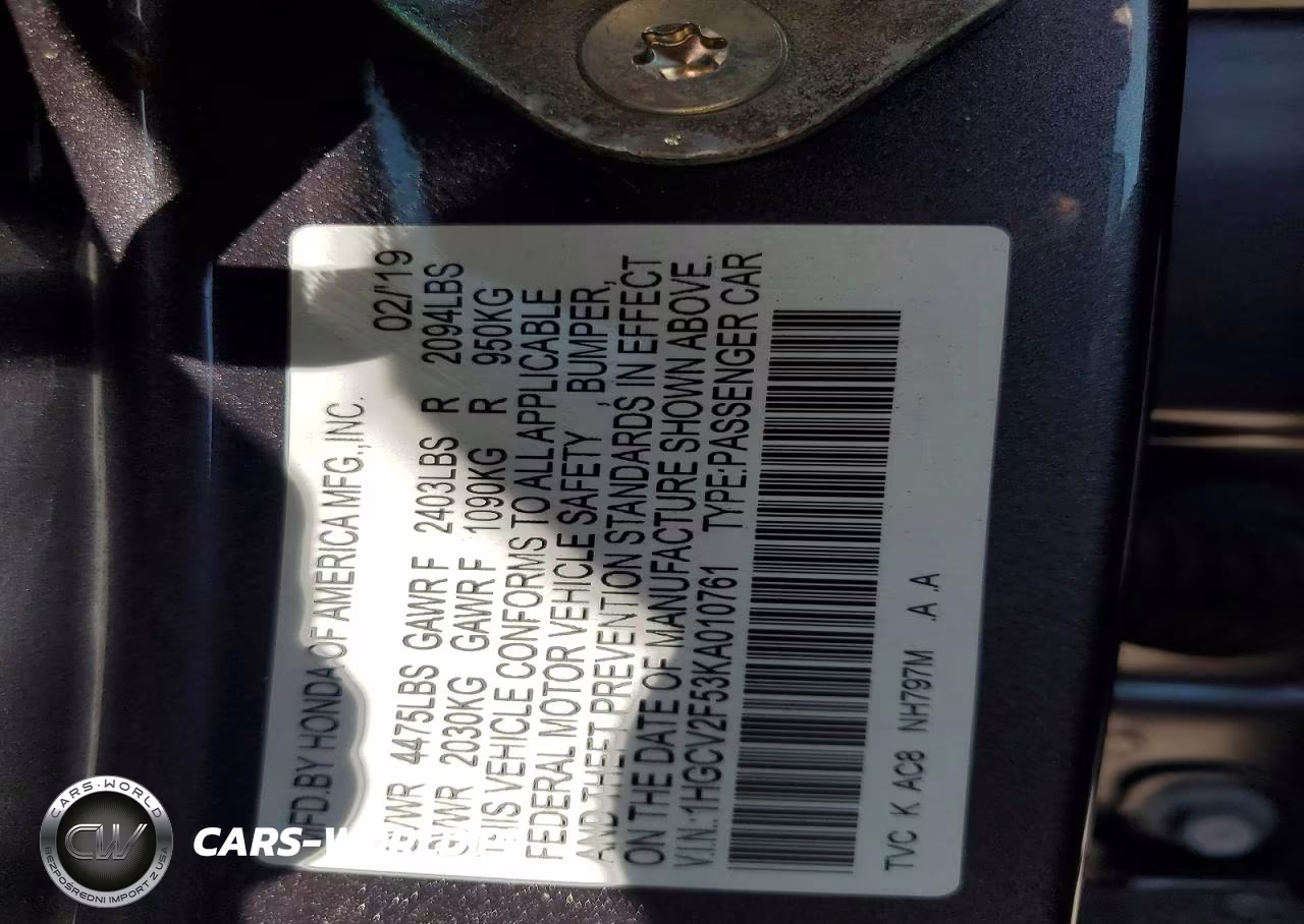 2019 Honda Accord Exl VIN:1HGCV2F53KA010761 - 12