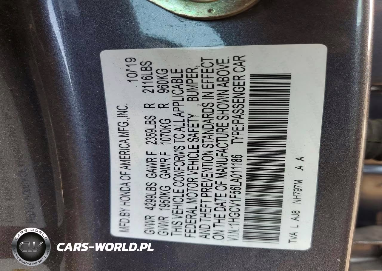 2020 Honda Accord Exl VIN:1HGCV1F56LA011186 - 12