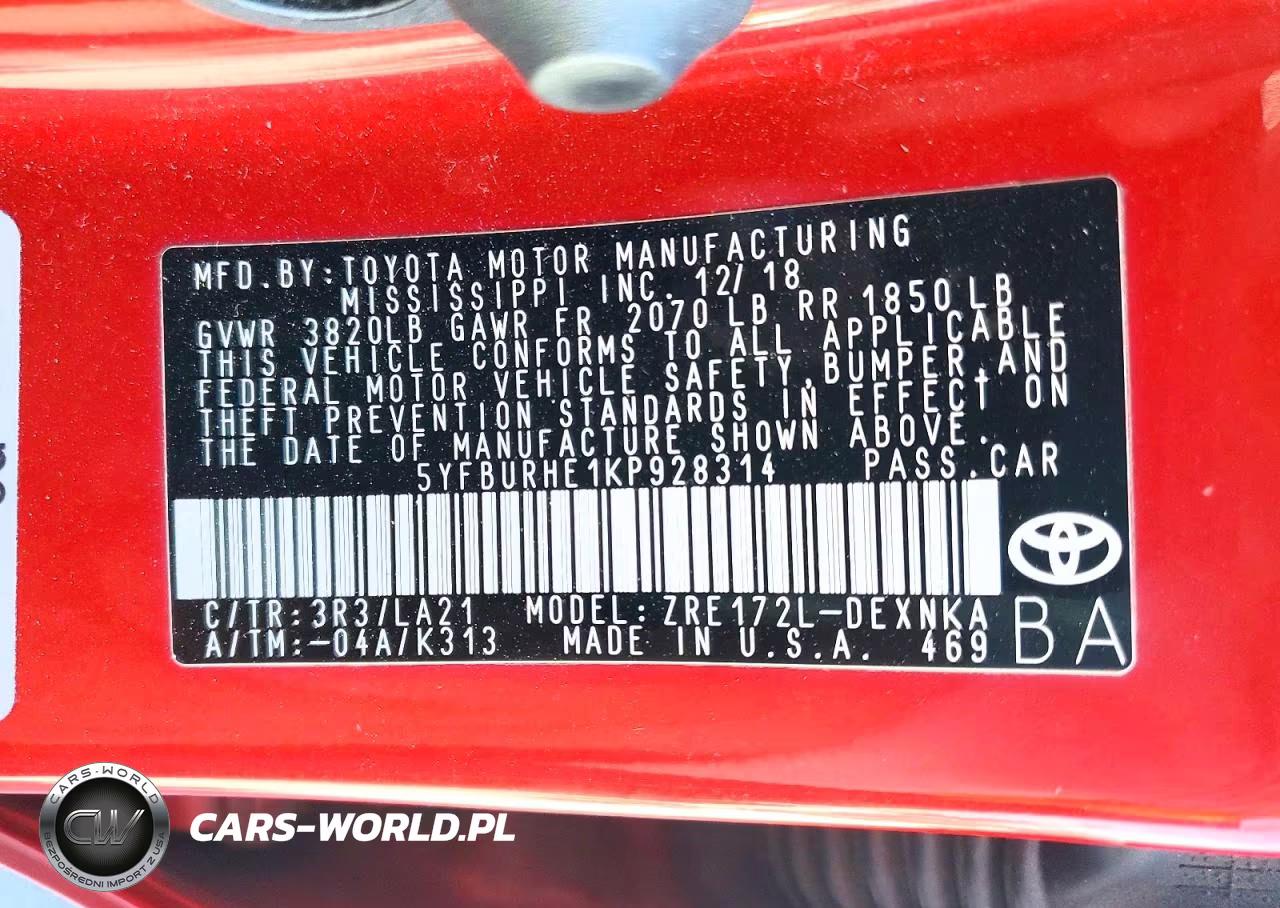 2019 Toyota Corolla Xle VIN:5YFBURHE1KP928314 - 12