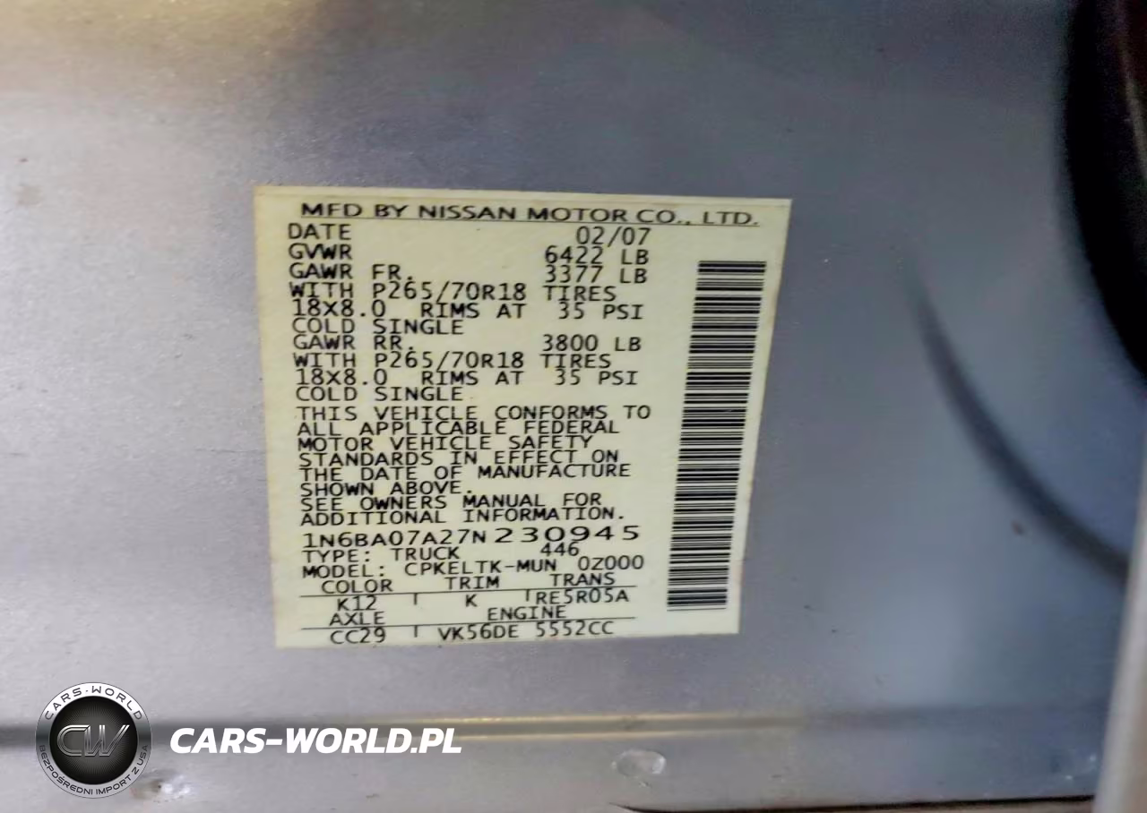 2007 Nissan Titan Xe Ffv VIN:1N6BA07A27N230945 - 12