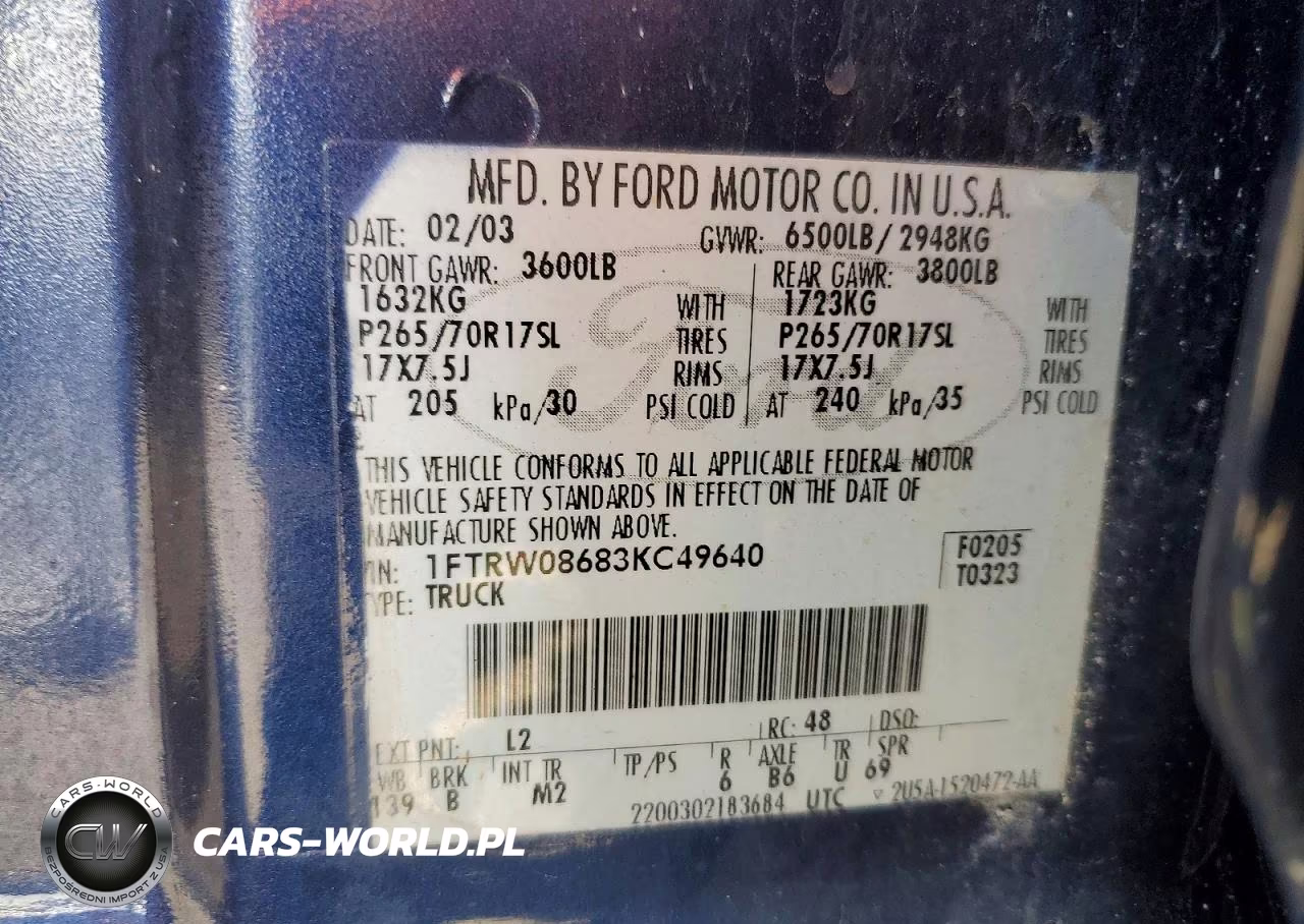 2003 Ford F150 Supercrew VIN:1FTRW08683KC49640 - 12