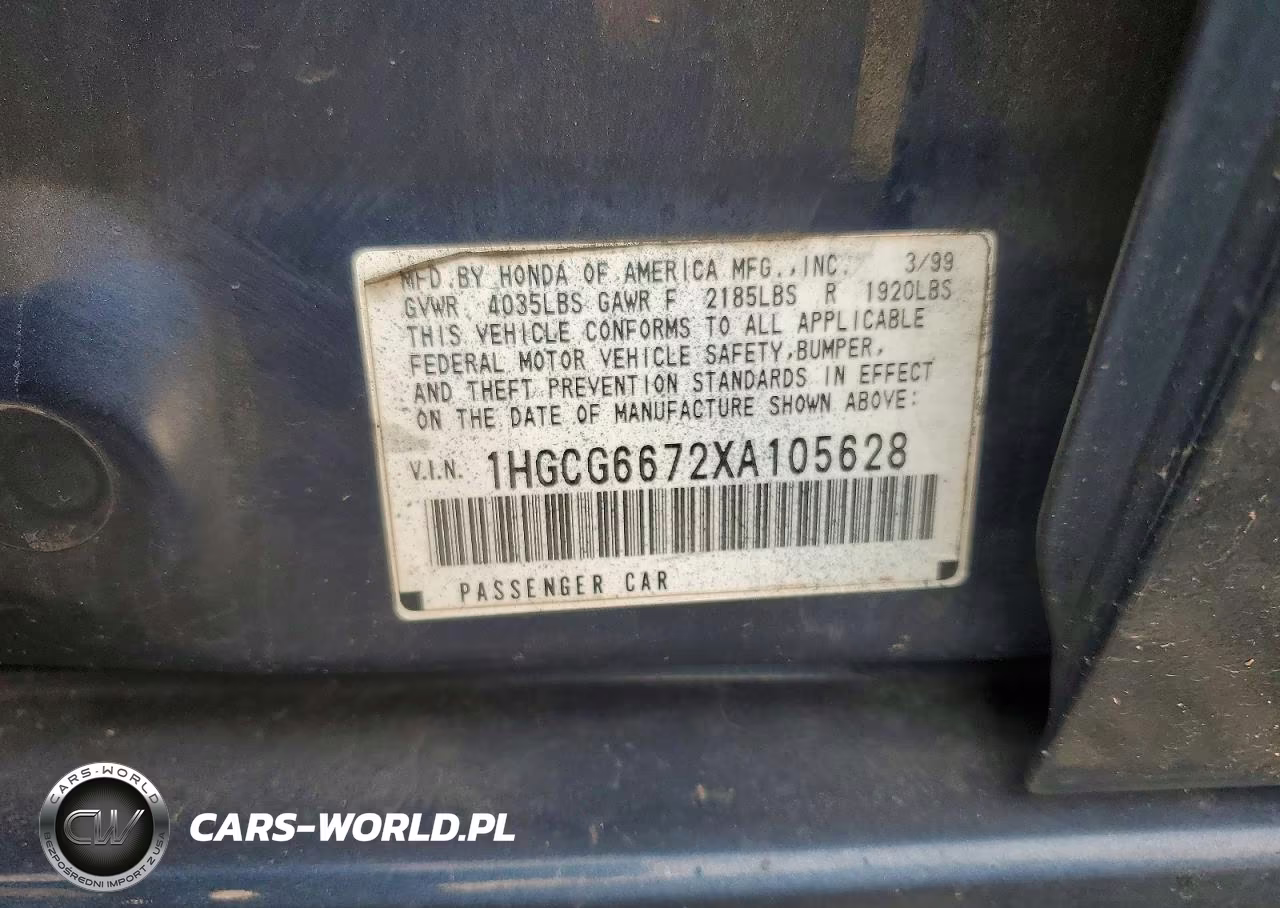 1999 Honda Accord Ex VIN:1HGCG6672XA105628 - 12