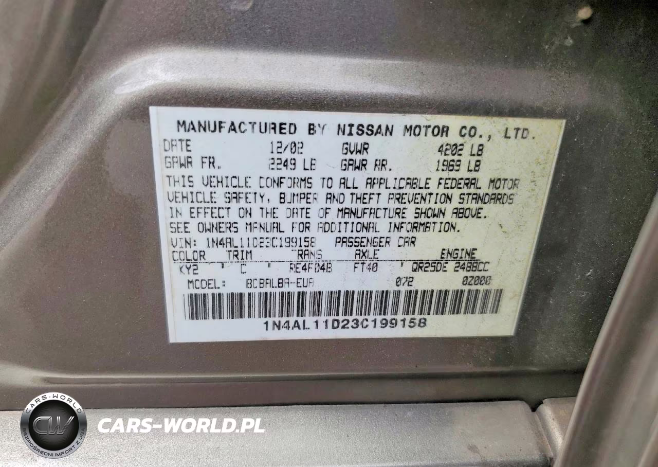 2003 Nissan Altima 2.5 VIN:1N4AL11D23C199158 - 12