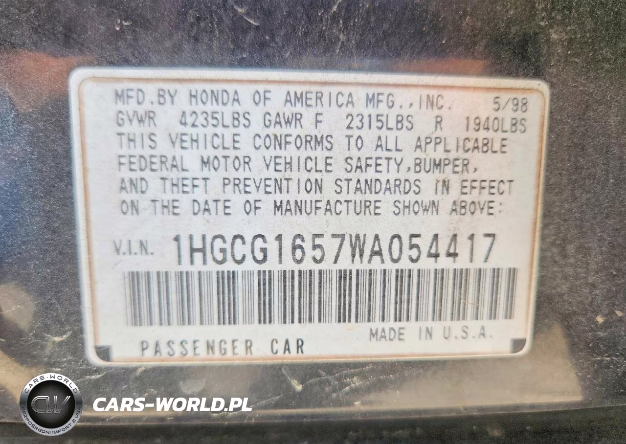 1998 Honda Accord Ex VIN:1HGCG1657WA054417 - 12