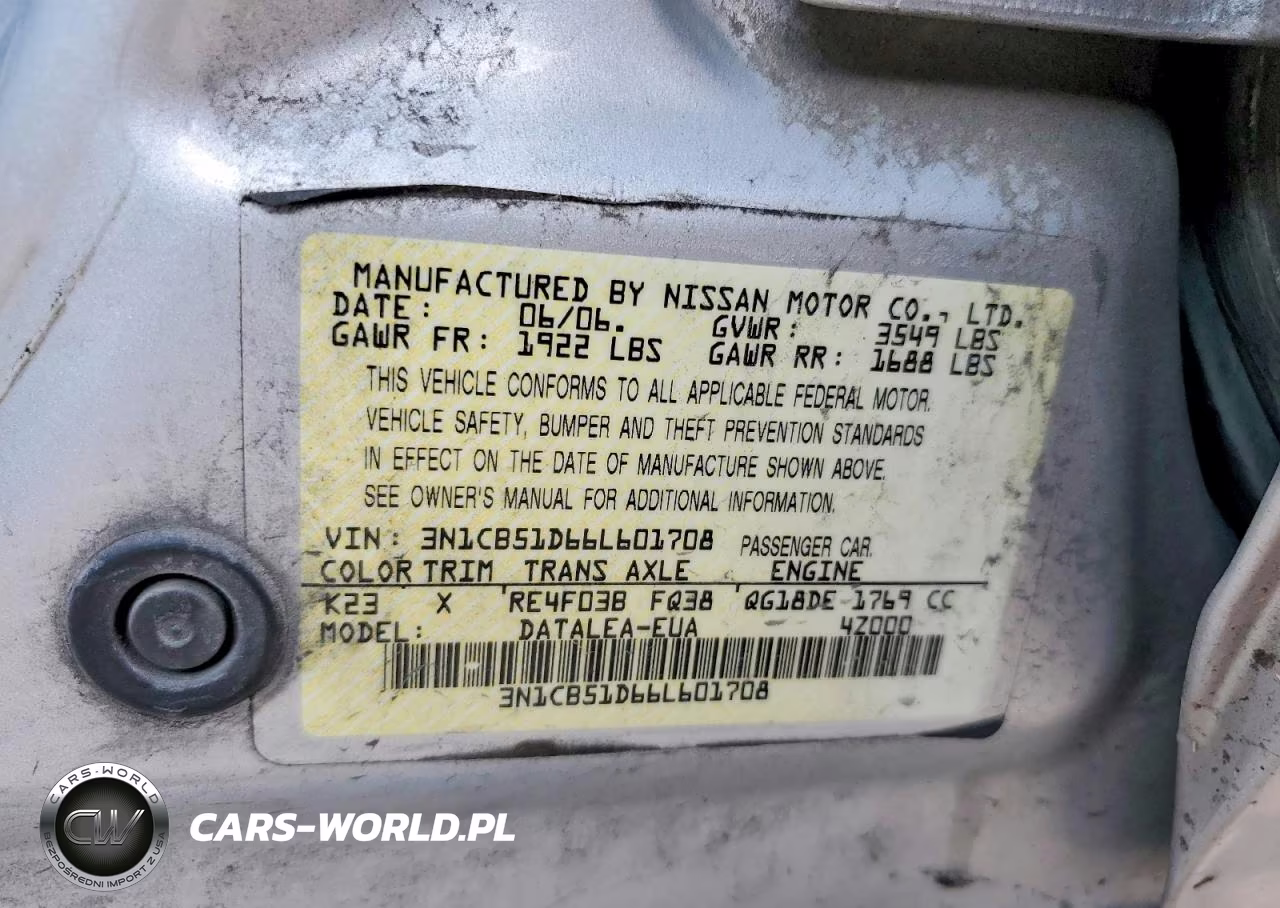 2006 Nissan Sentra 1.8 VIN:3N1CB51D66L601708 - 12