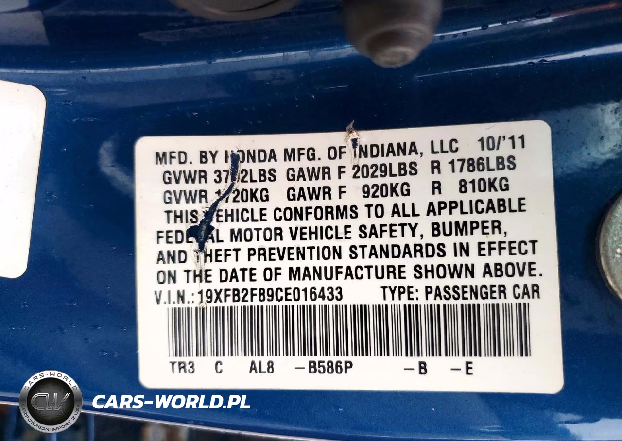 2012 Honda Civic Ex VIN:19XFB2F89CE016433 - 12