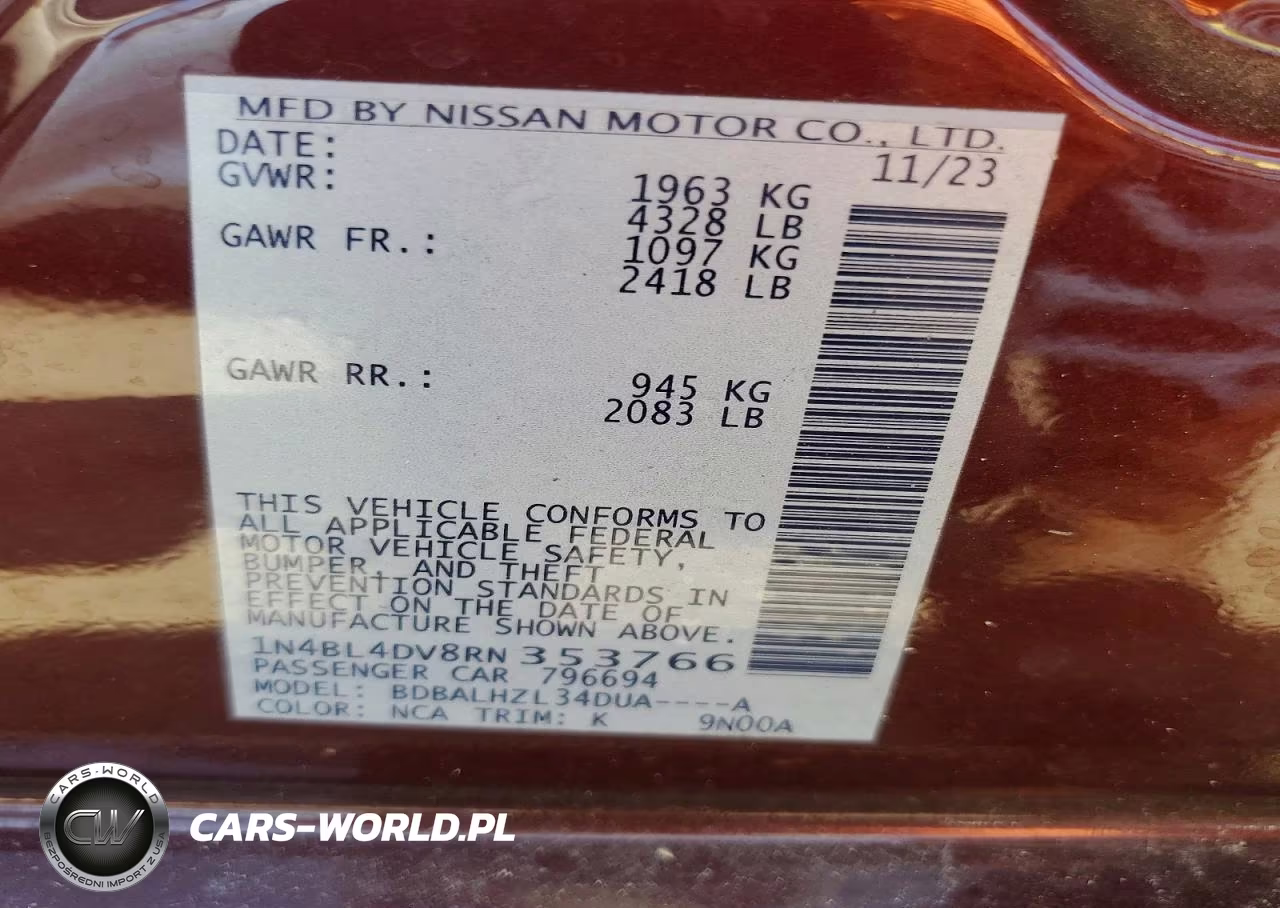 2024 Nissan Altima Sv VIN:1N4BL4DV8RN353766 - 12