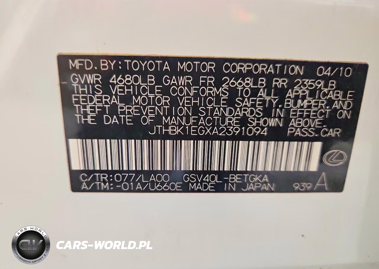 2010 Lexus Es 350 VIN:JTHBK1EGXA2391094 - 12
