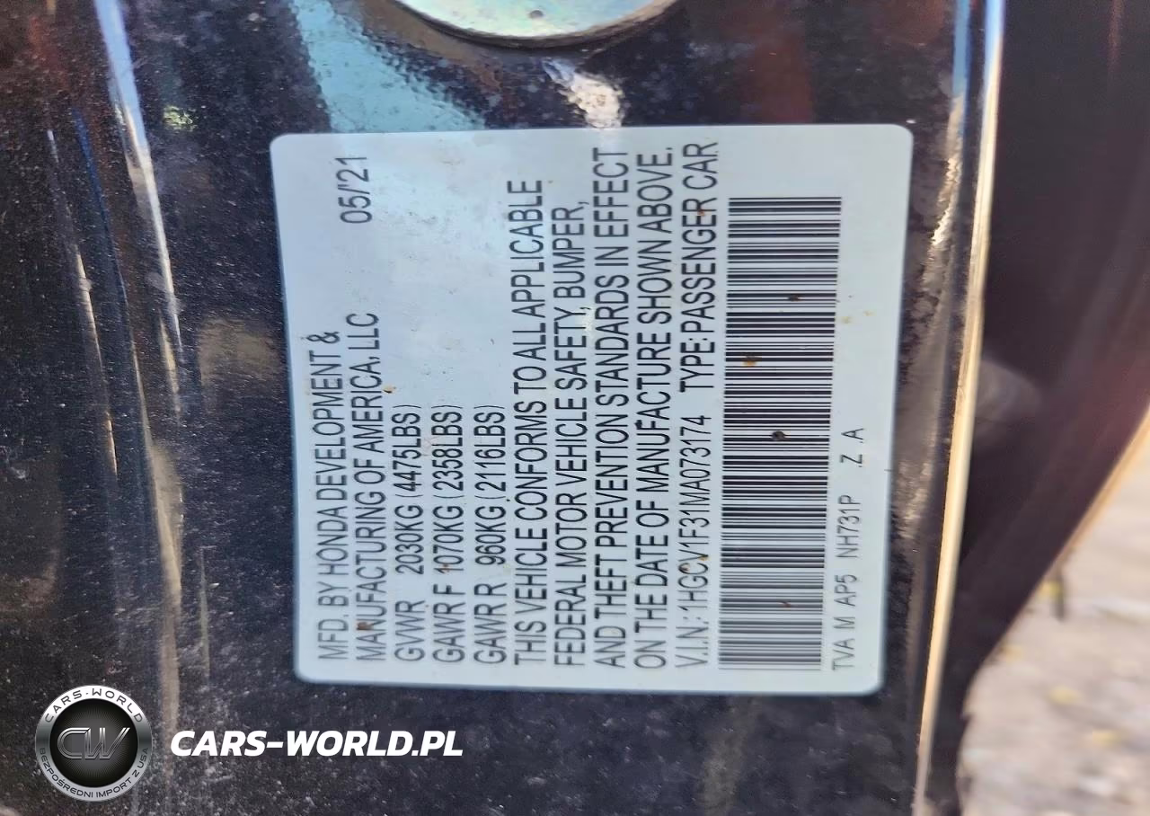 2021 Honda Accord Sport VIN:1HGCV1F31MA073174 - 12