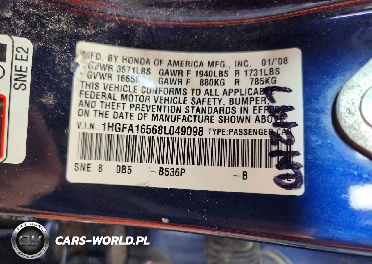 2008 Honda Civic Lx VIN:1HGFA16568L049098 - 12