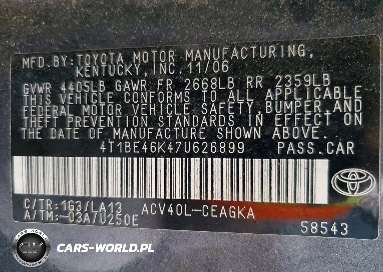 2007 Toyota Camry Xle VIN:4T1BE46K47U626899 - 12