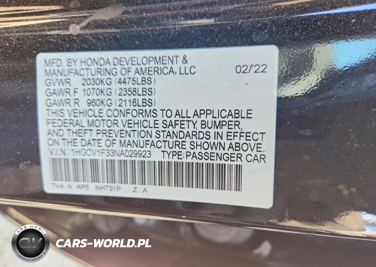 2022 Honda Accord Sport VIN:1HGCV1F33NA029923 - 13