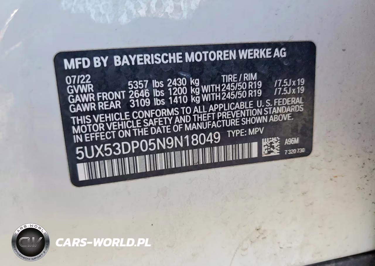 2022 BMW X3 xDrive30I VIN:5UX53DP05N9N18049 - 14