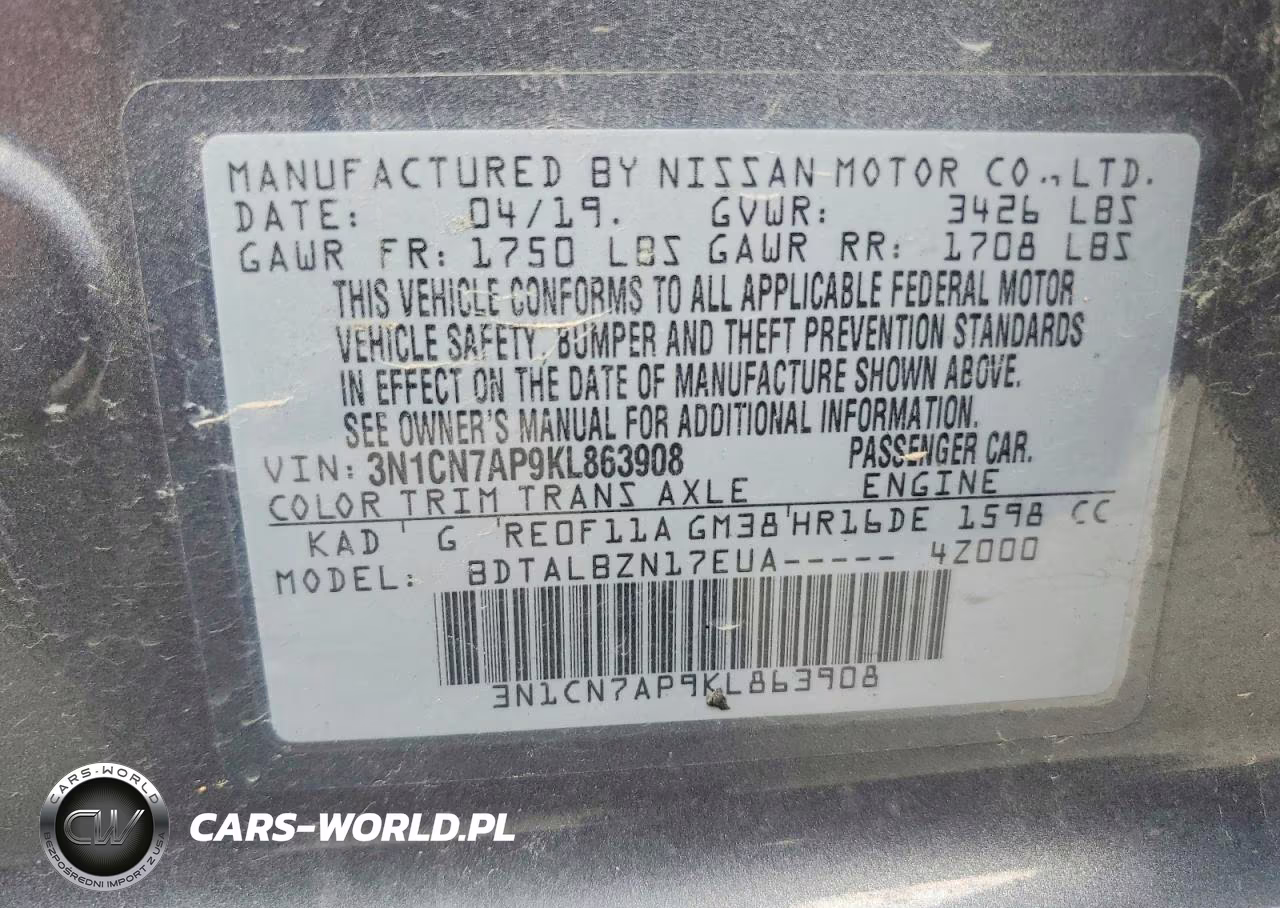 2019 Nissan Versa Sv VIN:3N1CN7AP9KL863908 - 12