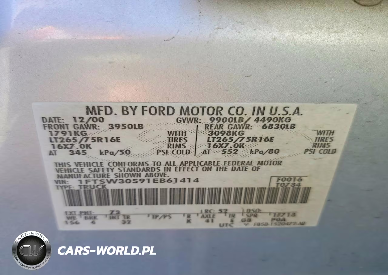 2001 Ford F350 Srw Super Duty VIN:1FTSW30S91EB61414 - 12