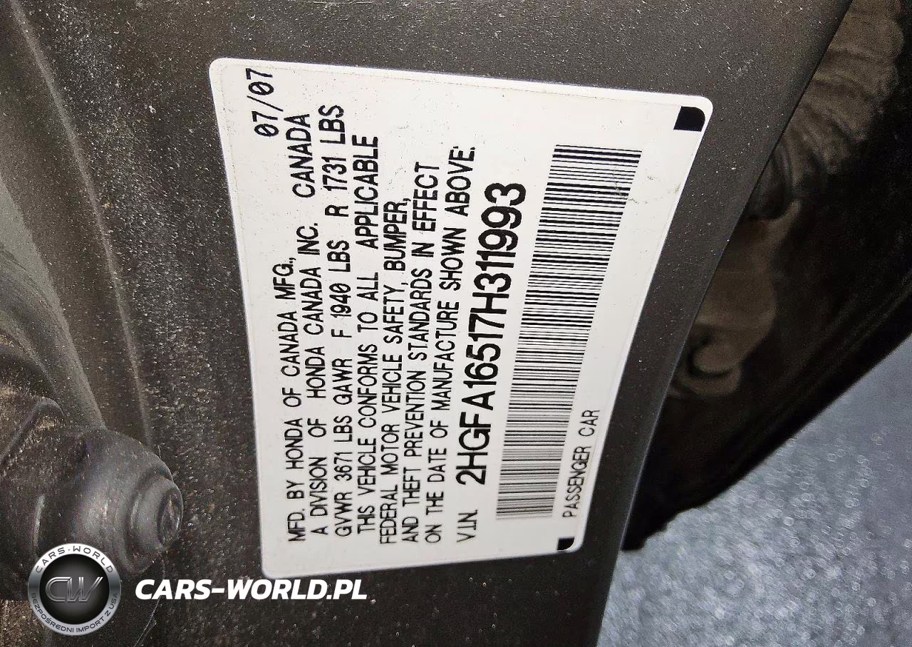 2007 Honda Civic Lx VIN:2HGFA16517H311993 - 12