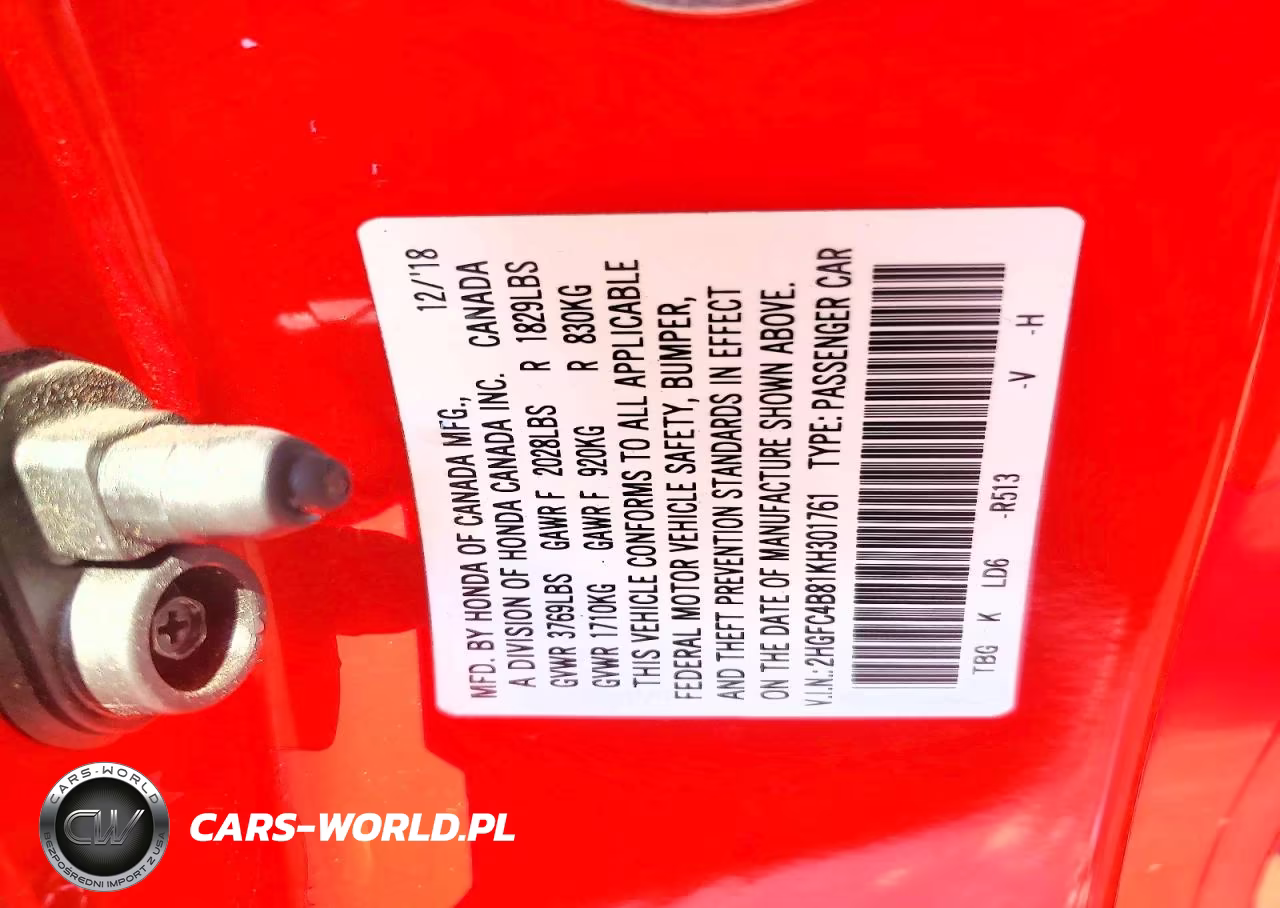 2019 Honda Civic Sport VIN:2HGFC4B81KH301761 - 12