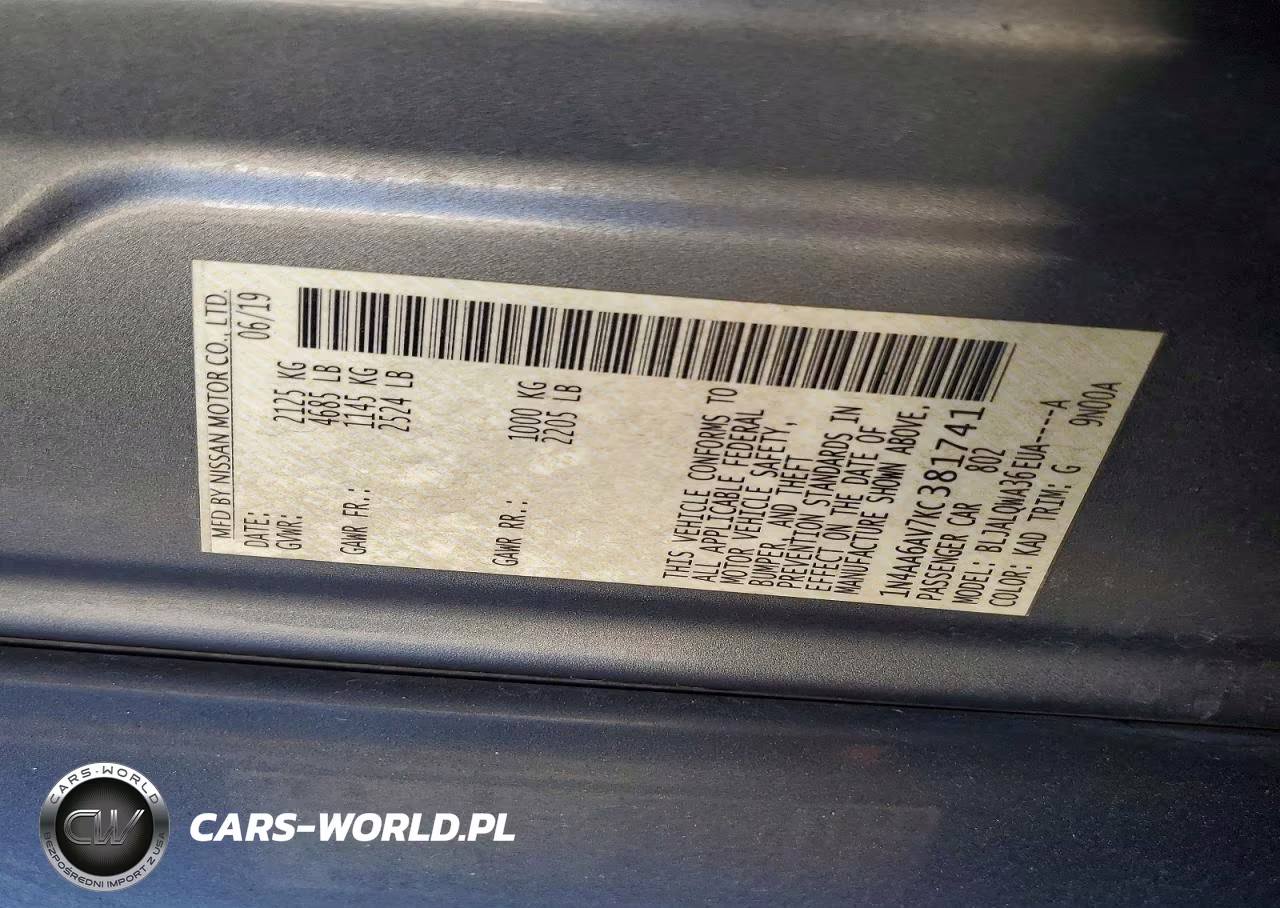 2019 Nissan Maxima 3.5 S VIN:1N4AA6AV7KC381741 - 13