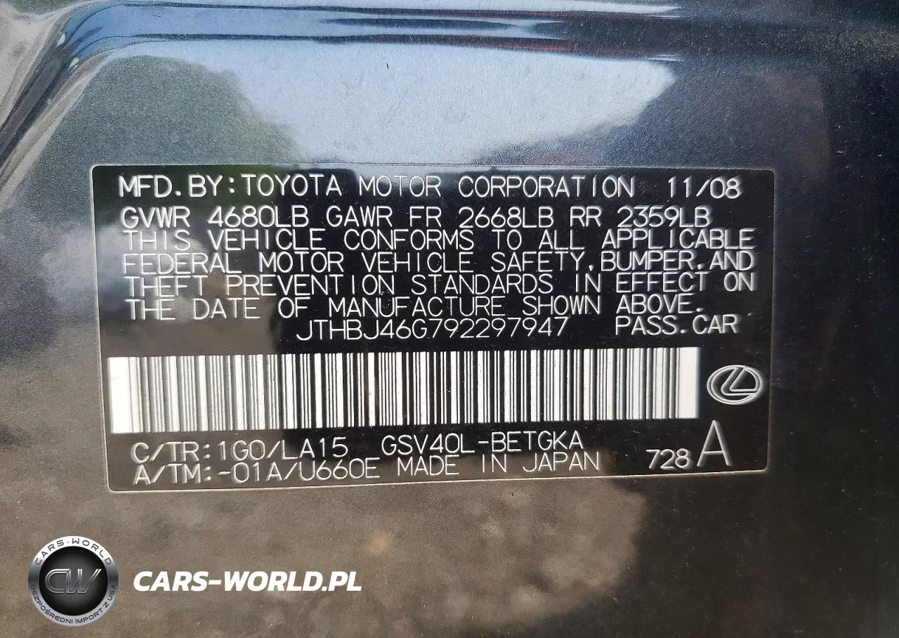 2009 Lexus Es 350 VIN:JTHBJ46G792297947 - 12