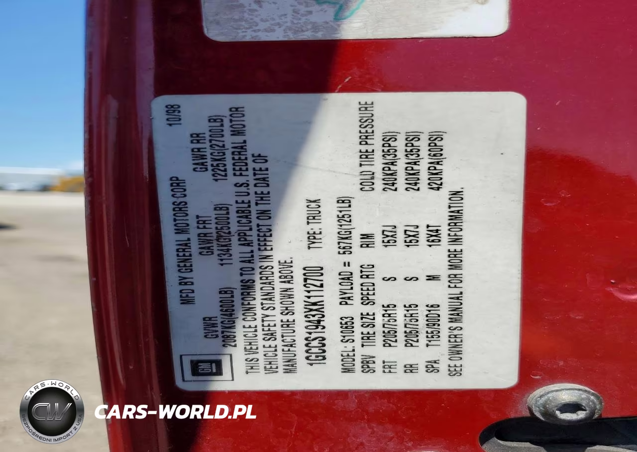 1999 Chevrolet S Truck S10 VIN:1GCCS1943XK112700 - 12