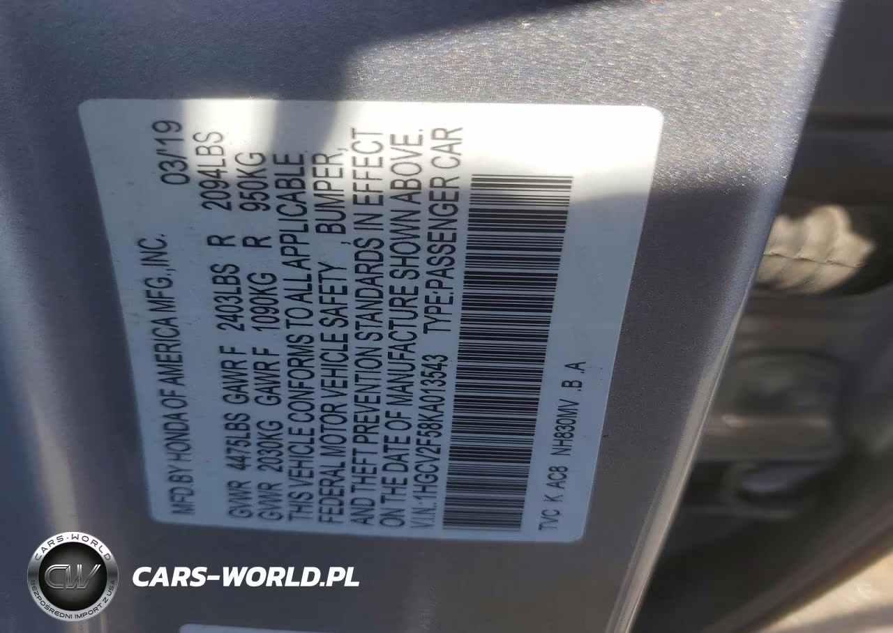 2019 Honda Accord Exl VIN:1HGCV2F58KA013543 - 12