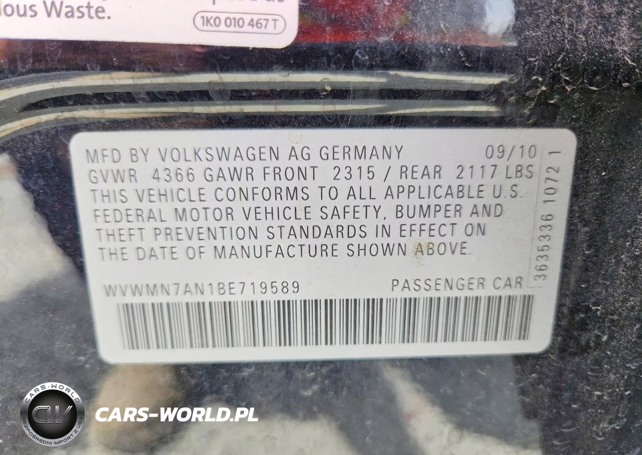2011 Volkswagen Cc Sport VIN:WVWMN7AN1BE719589 - 12